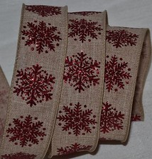 Wired Ribbon Christmas Red Sparkle Snowflake 1.5" Rustic Woven Tan Holiday Bow