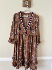 Odd Molly Womens Size 2 Brown Floral Silk Dress Velvet Trim Ruffles Sequins