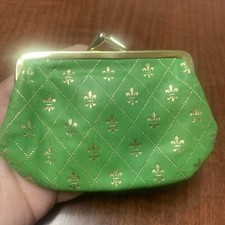Vintage Rare Green Leather Fleur de lis Coin Change Purse Stamped Gold
