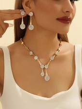 3pcs/Set Gold-Tone Rhinestone Embellished Round Earrings & Necklace Jewellery