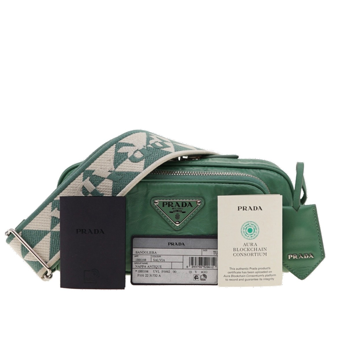 Prada Nappa Antique Shoulder Bag Guitar Strap Multi Pocket Green