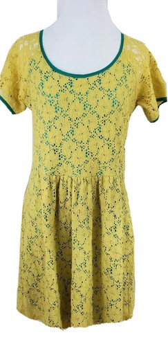 Ezra Yellow Knit Crochet Dress Multi Layer Green Empire Waist Short Sleeves Med