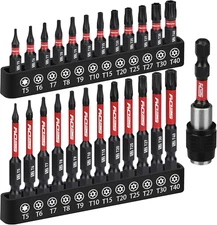 Torx Bit Set 25 Piece Security Tamper Proof T5 T40 S2 Steel 1 Inch 2.5 Inch Magn