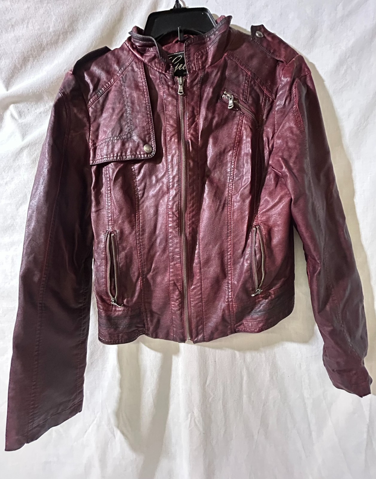 Vintage Guess Faux Leather Burgundy Women's Moto Jacket Medium