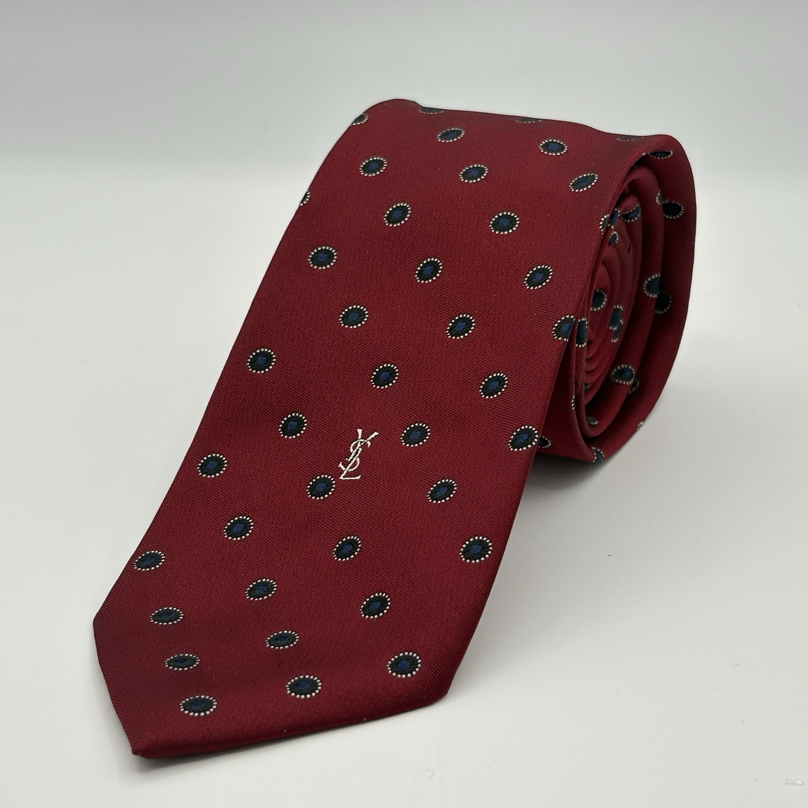 Vintage Yves Saint Laurent Silk Tie Red Blue Polka Dot Embroidered YSL Logo USA