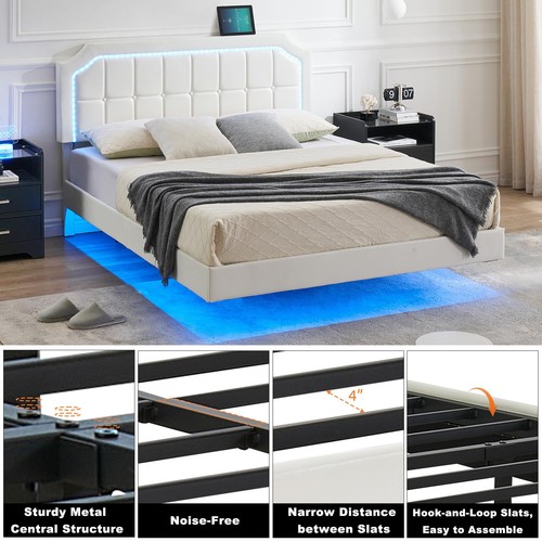 Floating Bed Frame Queen Size with RGB Led Lights, Upholstered Platform Queen... - Picture 5 of 8