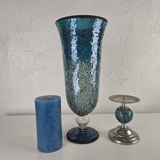 CIMC Home Blue Mosaic Glass Hurricane Vase Candle Holder Set Crackle Effect
