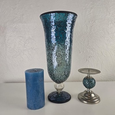 CIMC Home Blau Mosaik Glas Windlicht Vase Kerzenhalter Set Crackle Effekt