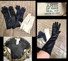 5-PAIR VTG 1940s-50s KID LEATHER GLOVES Ivory Aris PARIS, NAVY BLUE, Wear Right