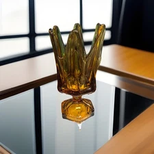 VIKING 70’sART GLASS Handkerchief 6 Finger  Footed Vase Amber SWUNG Pedestal 9”