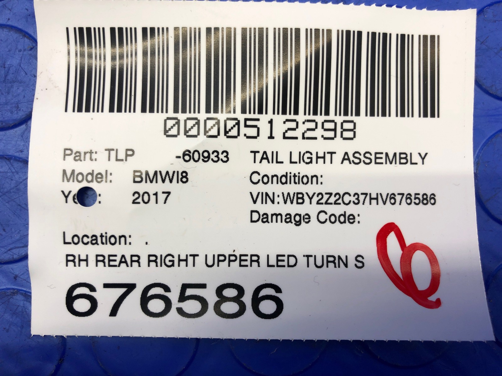 2014-2019 Bmw I8 REAR RIGHT UPPER LED TURN SIGNAL TAIL LIGHT LAMP oem