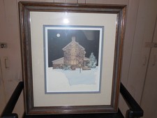 Framed print, winter scene, 23-1/2 x 27-1/2, Ethan Allen, glass, prof. mat