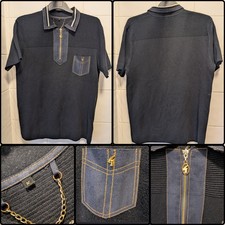 Gabicci Vintage Knit Polo Shirt M Navy Quarter Zip Suede Gold Chain Mod Soul 80s