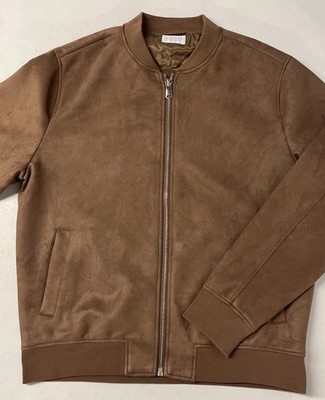 INFINITY Men's Linearflex Faux Suede Bomber Jacket LARGE Fully Lined TAN Cuffs