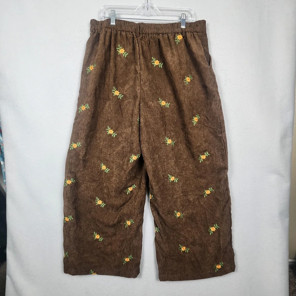 Cider Pants Womens 1XL Brown Corduroy Embroidered Floral Wide Leg Elastic Waist - Image 2 of 4