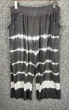 Umgee Linen Blend Elastic Waist Wide Leg Pants M Raw Hem Brown Tie Dye Cropped
