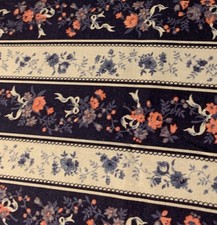 Floral Stripe Navy and Light Blue Cotton Fabric 1/2 yard x 44" Quilting Sewing