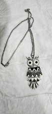 Owl Pendant Articulated Silver/Black/ Beige On Long 33" Chain, Owl Is 3 Inch