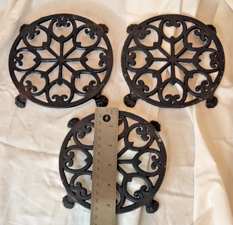 Set of 3 Vintage Cast Iron Kitchen Trivets Hot Pads ~ 3 Different Designs image 3