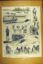 Original alter antiker Druck 1882 International Boat-Race Putney-Mortlake Skizzen