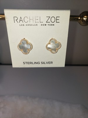 Rachel Zoe Pearl Clover CZ Sterling Silver Goldplated Stud Earrings New 