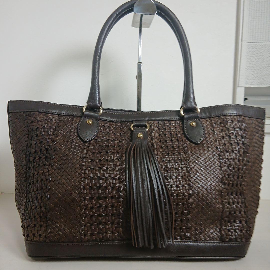 MAX MARA Woven Leather Tote Bag Dark Brown A4 Tassel Business Bag