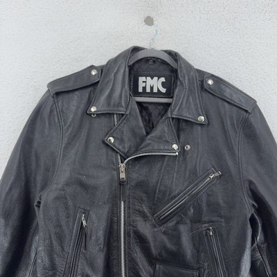 FMC Leather Jacket Mens FITS XL Black Quilted Lined Biker Motorcycle Belted Zip