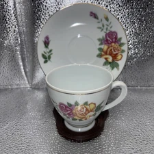 Teacup & Saucer Set Pink Yellow Roses Gold Accents Footed w/ Stand China