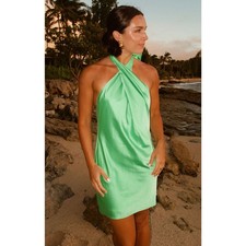 Show Me Your Mumu Jasmine Tie Mini Dress in Kiwi Luxe Satin XS NWT