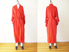 Vintage Red Silk Kimono Robe: 80s Floral Dressing Gown, One Size