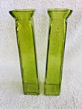 2-Contemporary Glass Green Flower Vase 11”T Christmas Holidays Mid-Century MCM