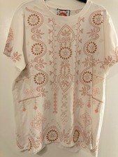 Johnny Was Geo Print Faye Crew Neck Embroidered Bohemian Tee Sz. L- EUC