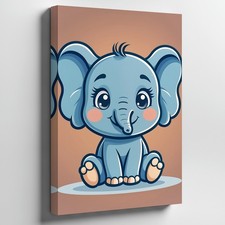 Cute, Cartoon-style Baby Elephant Sits In A Playful Pose, With Large Wall Art