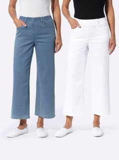 Damen 7/8 Jeans Hose Culotte 2er Pack Stretch Weites Bein blau weiß Gr. 42 NEU