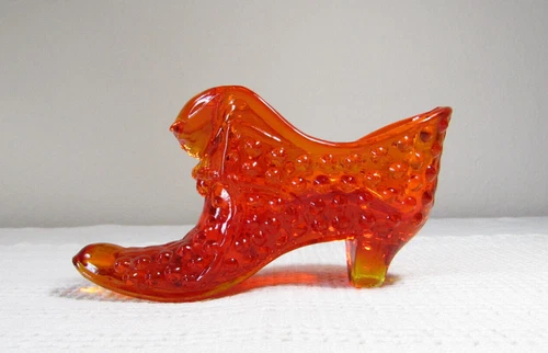 Vintage Fenton Amberina orange glass hobnail cat head slipper/shoe