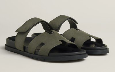 Hermes Chypre Sandal Vert Foret Green Black H Logo Slide 