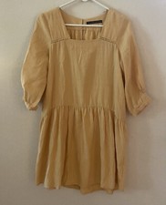 Zara Mustard Yellow Square Neck Tie Back Tiered Babydoll Mini Dress Size S