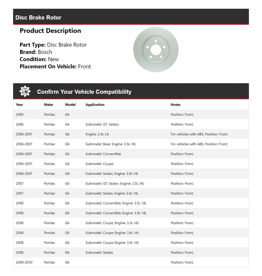 Para 2005-2010 Pontiac G6 Bosch QuietCast rotor de freio a disco dianteiro 2006 2007 2008 - Imagem 2 de 4