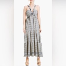 Max Studio Boho Tiered Halter Maxi Dress, XL Geometric Print Ruffle Straps