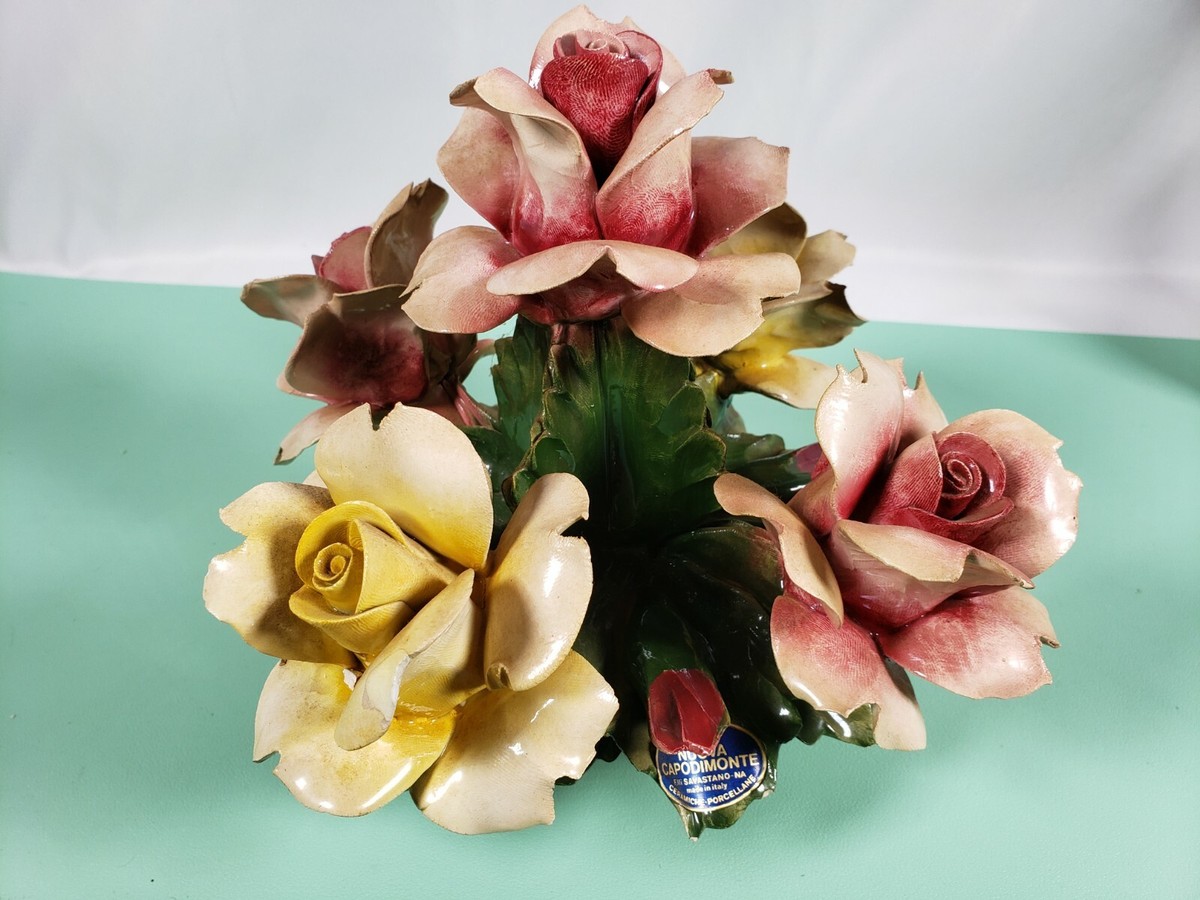 Vintage Italian Nuova Capodimonte Pocelain Flowers In a Basket 7.5
