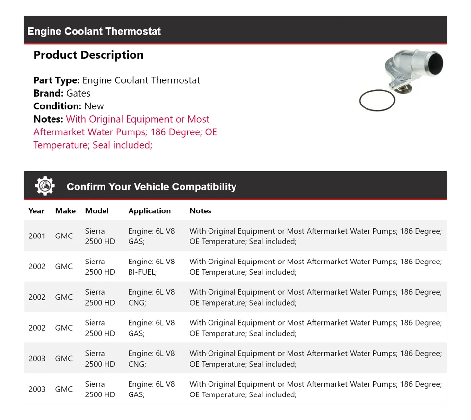 Para GMC Sierra 2500 HD 2001-2003 Motor Refrigerante Termostato Puertas 2002 Foto 2 de 4