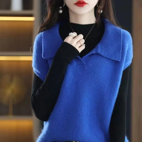 Stylish Turn-down Sweater Vest Casual Sleeveless Autumn Winter Female Clothing - Picture 3 of 27