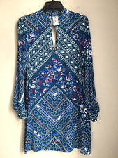 Express Dress Long Sleeve Shift Womens Small Blue Geo Floral Rayon Cutouts NWT