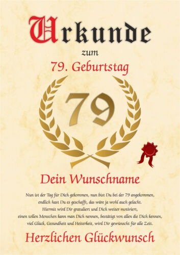 79 Geburtstag Geschenk-Urkunde Mann Frau 79 Jahre Oma Opa Name personalisiert - Bild 1 von 42