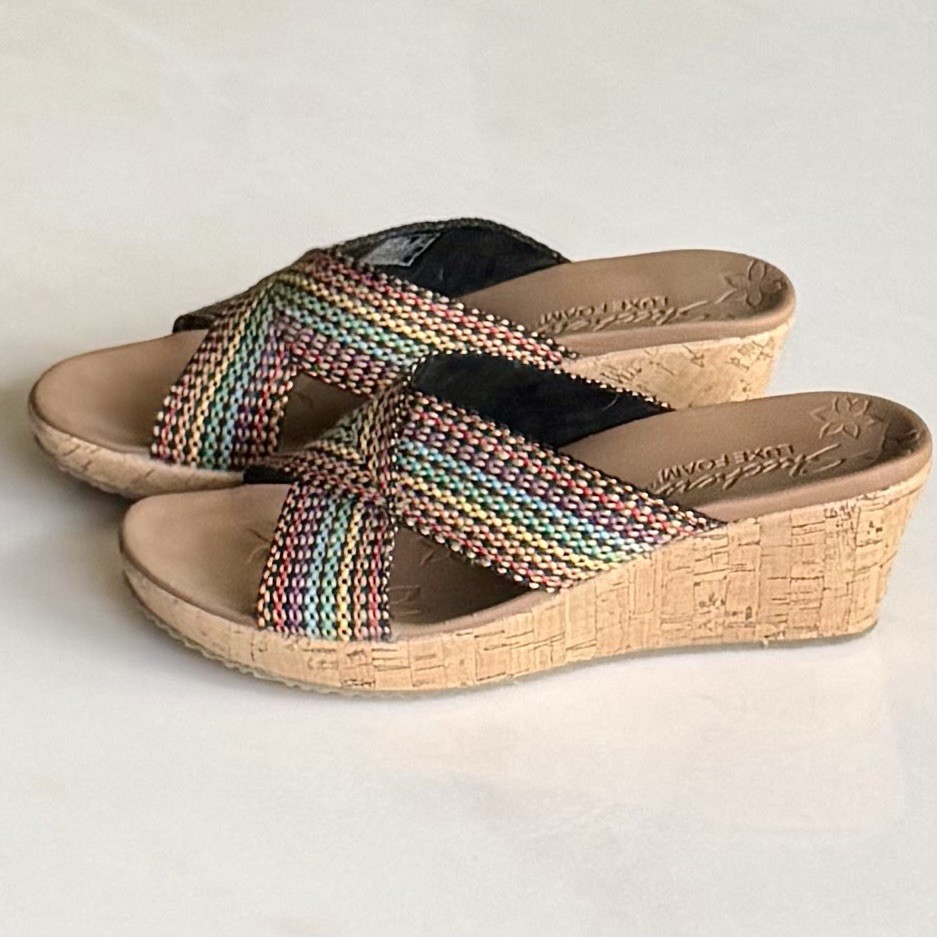 Skechers Cork Wedge Sandals Luxe Foam Women's Beverlee Delighted Multi Woven 9