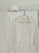 Vintage 80s Wedding Gown Dress With Veil Lace  Bead Accents