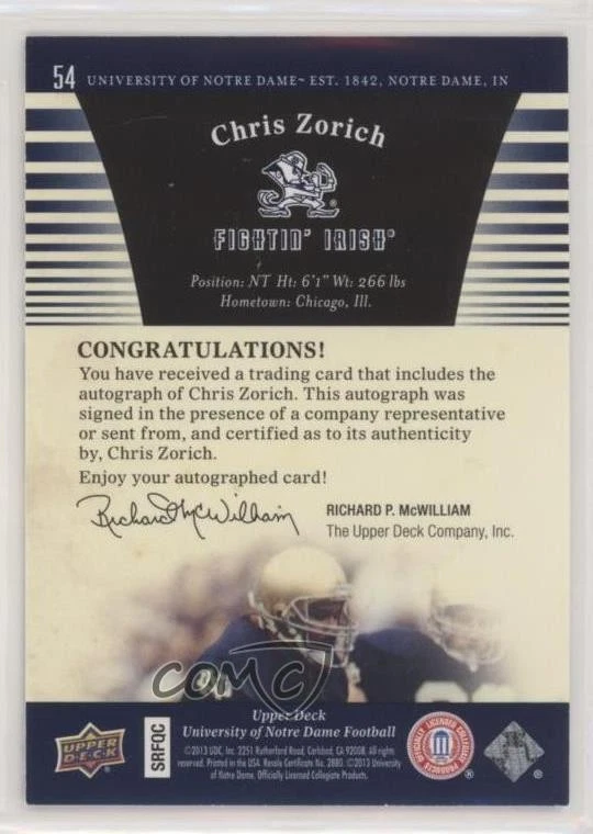 2013 Upper Deck University of Notre Dame Auto Chris Zorich #54 Auto - Image 2 of 2