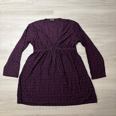 Athena Women Mini Dress Purple Textured Long Sleeve V-Neck Drawstring Size M