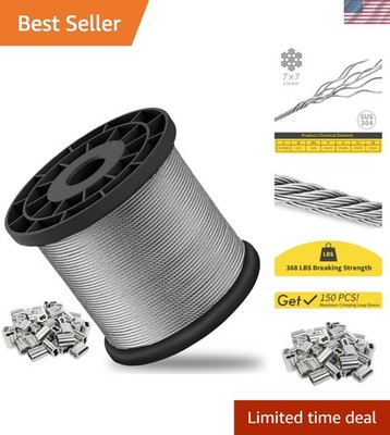 304 Stainless Steel Cable, Aircraft Cable, Steel Wire, 328FT with 150Pcs Crim...