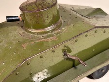 Vintage Working Structo Army Tank Pressed Steel Wood Wheels Rich Patina Vintage Working Structo Army Tank Pressed Steel Wood Wheels Rich Patina